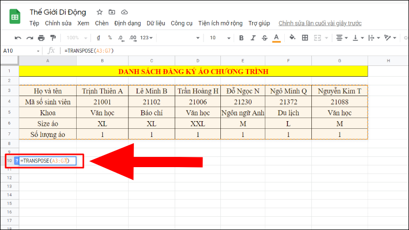 Nhập lệnh Transpose để tiến hành chuyển đổi